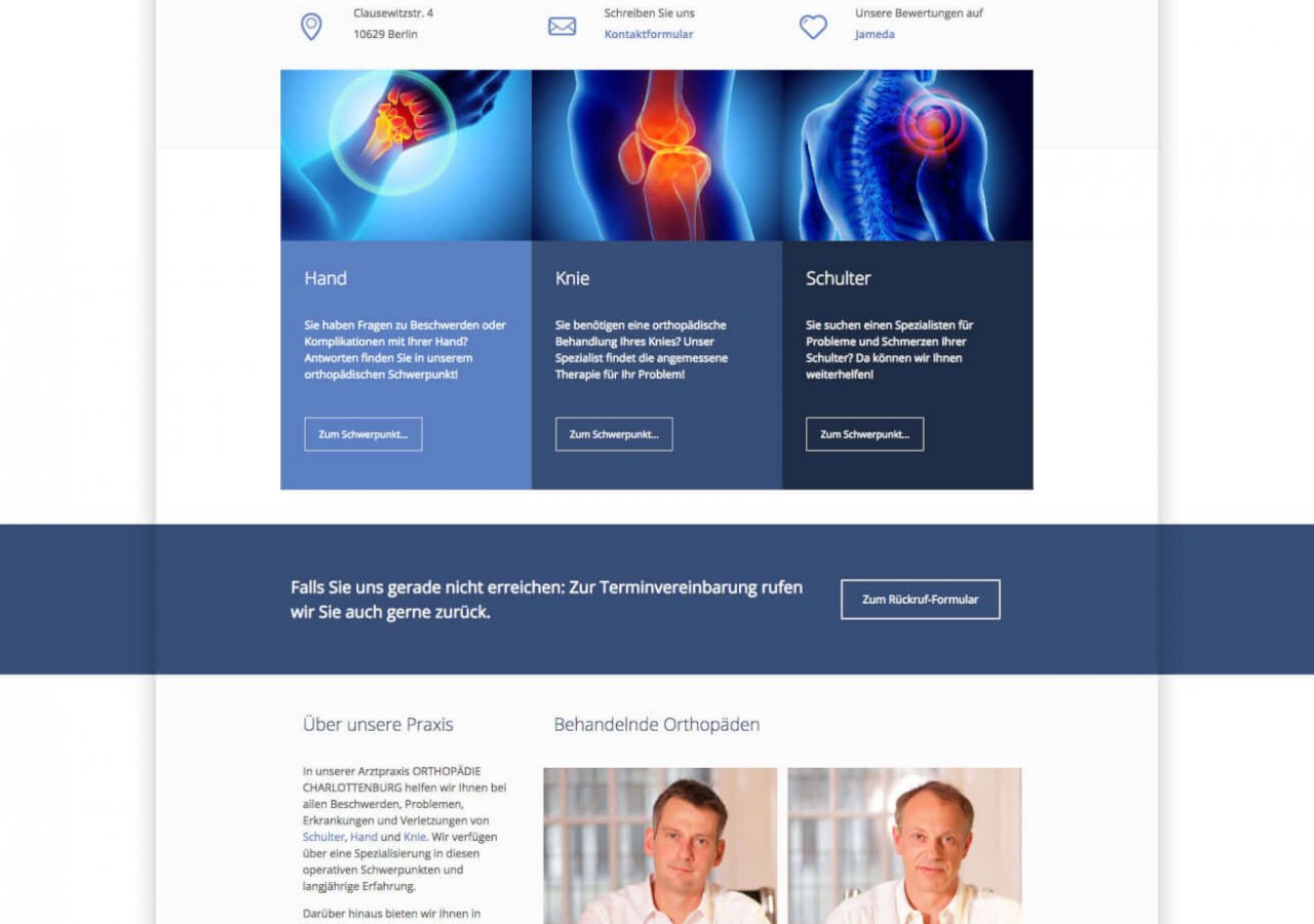 Startseite der neuen Website der Praxis Orthopädie Charlottenburg