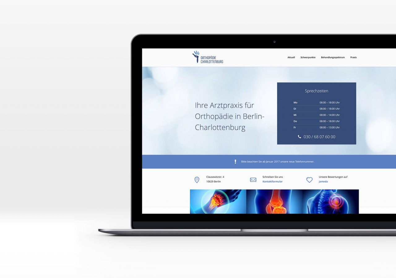 Laptopansicht der neuen Website der Praxis Orthopädie Charlottenburg