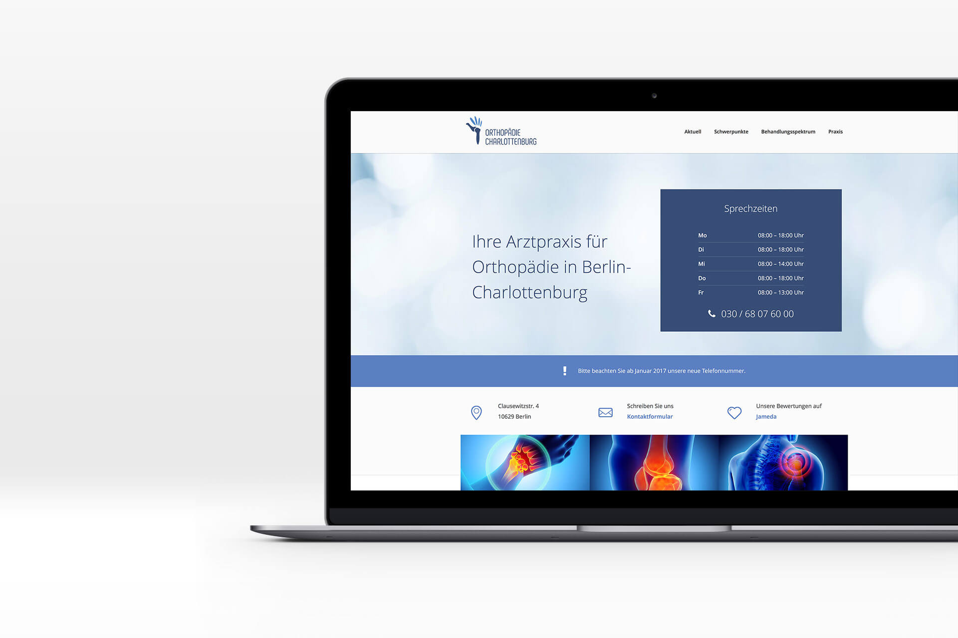 Laptopansicht der neuen Website der Praxis Orthopädie Charlottenburg