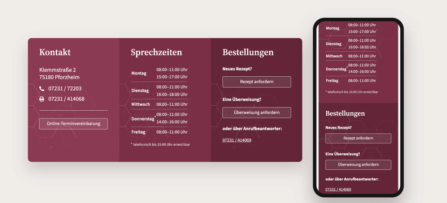 Kontakt, Sprechzeiten und Bestellungen auf der Seite der Praxis Trick-Krammer, am Rechner und am Handy